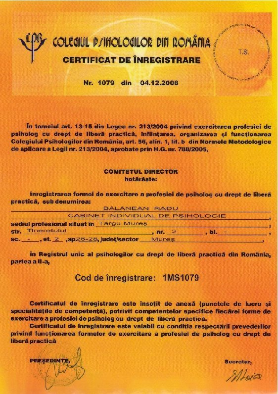 Certificat Colegiul Psihologilor din România